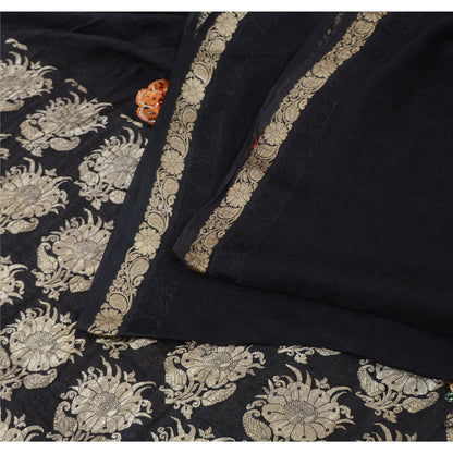 Sanskriti Vintage Indian Black Sarees Pure Silk Hand Beaded Ethnic Sari Fabric