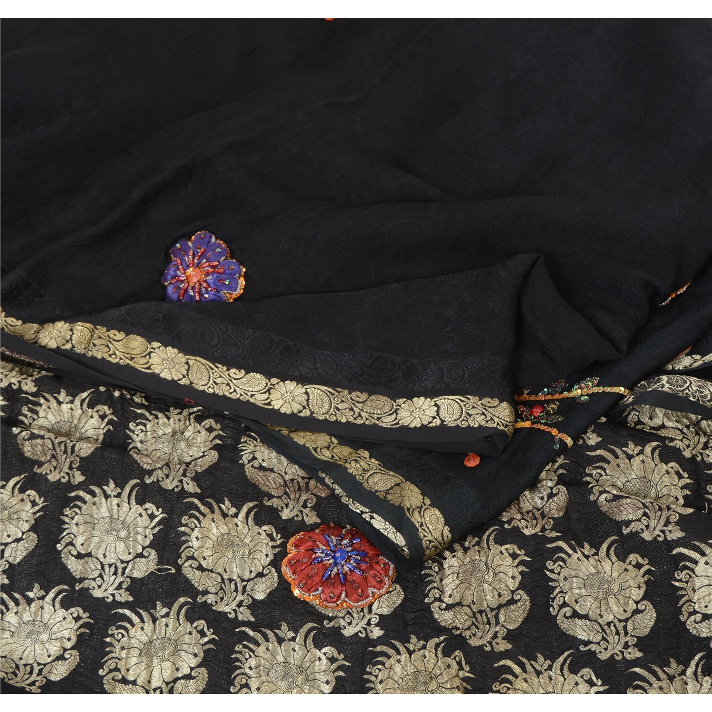 Sanskriti Vintage Indian Black Sarees Pure Silk Hand Beaded Ethnic Sari Fabric