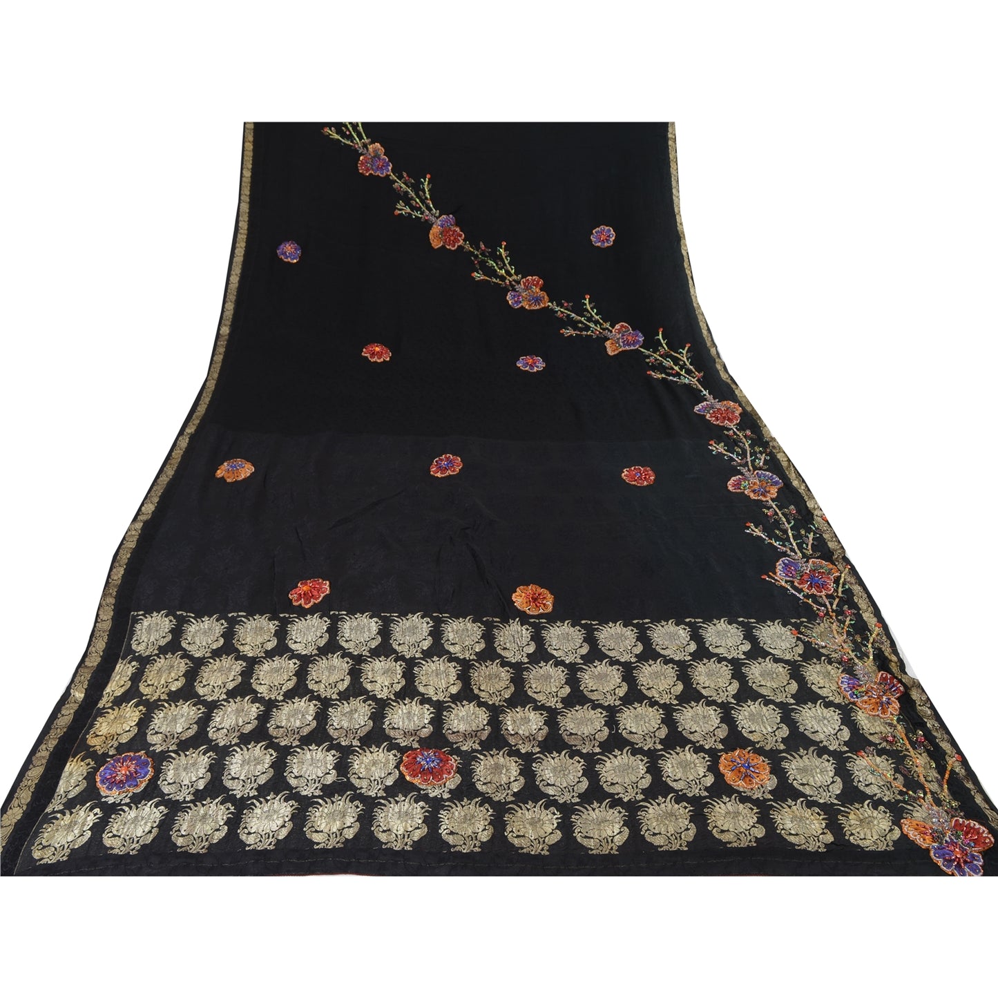 Sanskriti Vintage Indian Black Sarees Pure Silk Hand Beaded Ethnic Sari Fabric