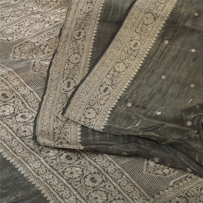 Sanskriti Vintage Gray Sarees Pure Silk Brocade Woven Premium Sari Craft Fabric