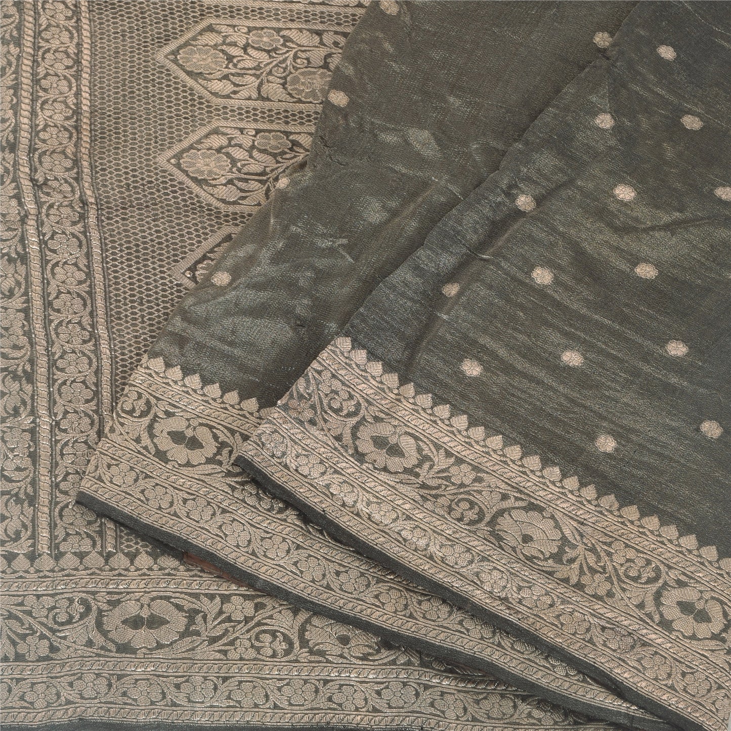 Sanskriti Vintage Gray Sarees Pure Silk Brocade Woven Premium Sari Craft Fabric