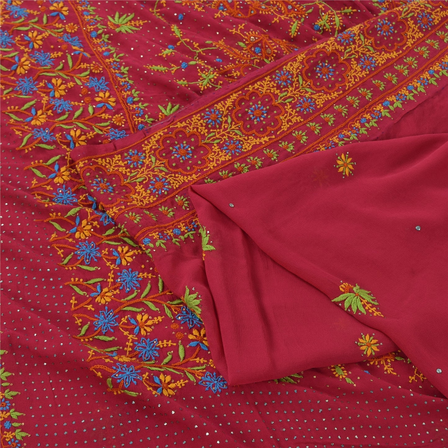 Sanskriti Vintage Fuchsia Sarees Pure Georgette Hand Embroidered Sari 5yd Fabric