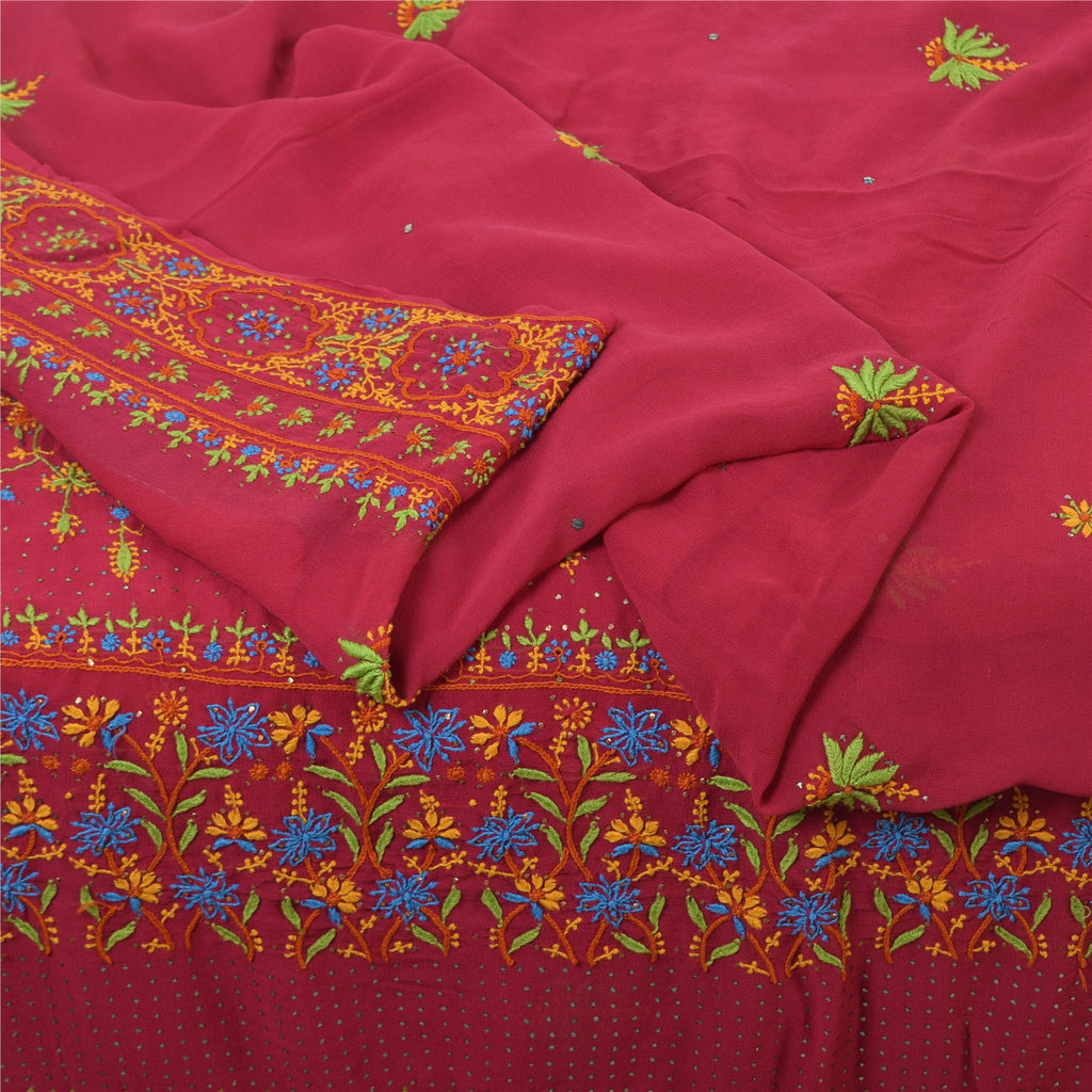 Sanskriti Vintage Fuchsia Sarees Pure Georgette Hand Embroidered Sari 5yd Fabric