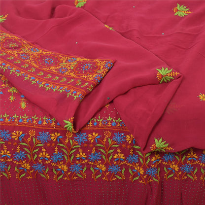 Sanskriti Vintage Fuchsia Sarees Pure Georgette Hand Embroidered Sari 5yd Fabric