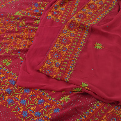 Sanskriti Vintage Fuchsia Sarees Pure Georgette Hand Embroidered Sari 5yd Fabric