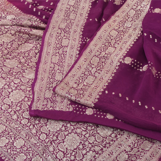 Sanskriti Vintage Purple Sarees Pure Silk Brocade/Banarasi Woven Sari 6yd Fabric