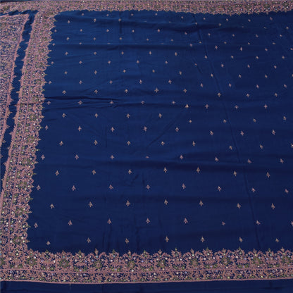 Sanskriti Vintage Blue Sarees Pure Silk Hand Beaded Ethnic Sari 5yd Craft Fabric