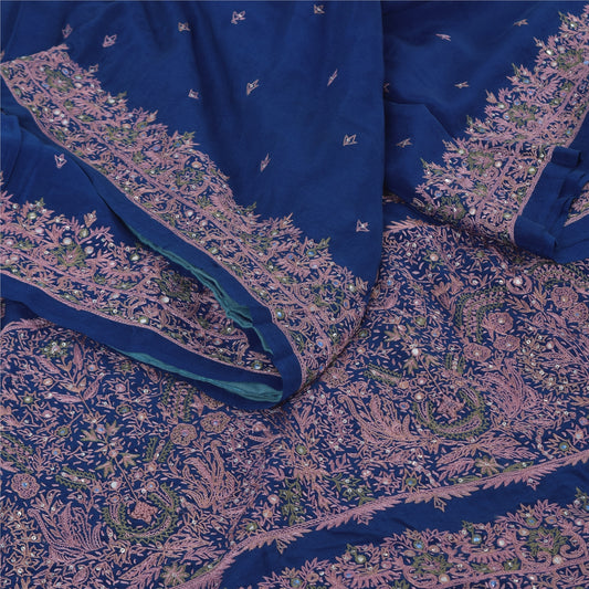 Sanskriti Vintage Blue Sarees Pure Silk Hand Beaded Ethnic Sari 5yd Craft Fabric