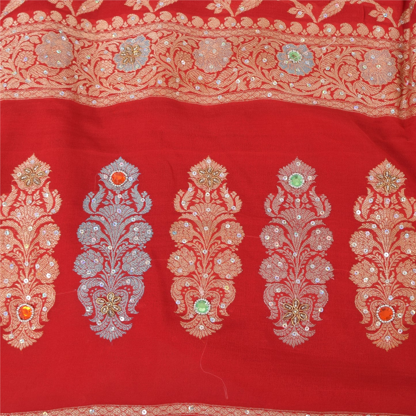 Sanskriti Vintage Red Sarees Pure Georgette Hand Beaded Premium Sari 5yd Fabric