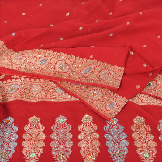 Sanskriti Vintage Red Sarees Pure Georgette Hand Beaded Premium Sari 5yd Fabric