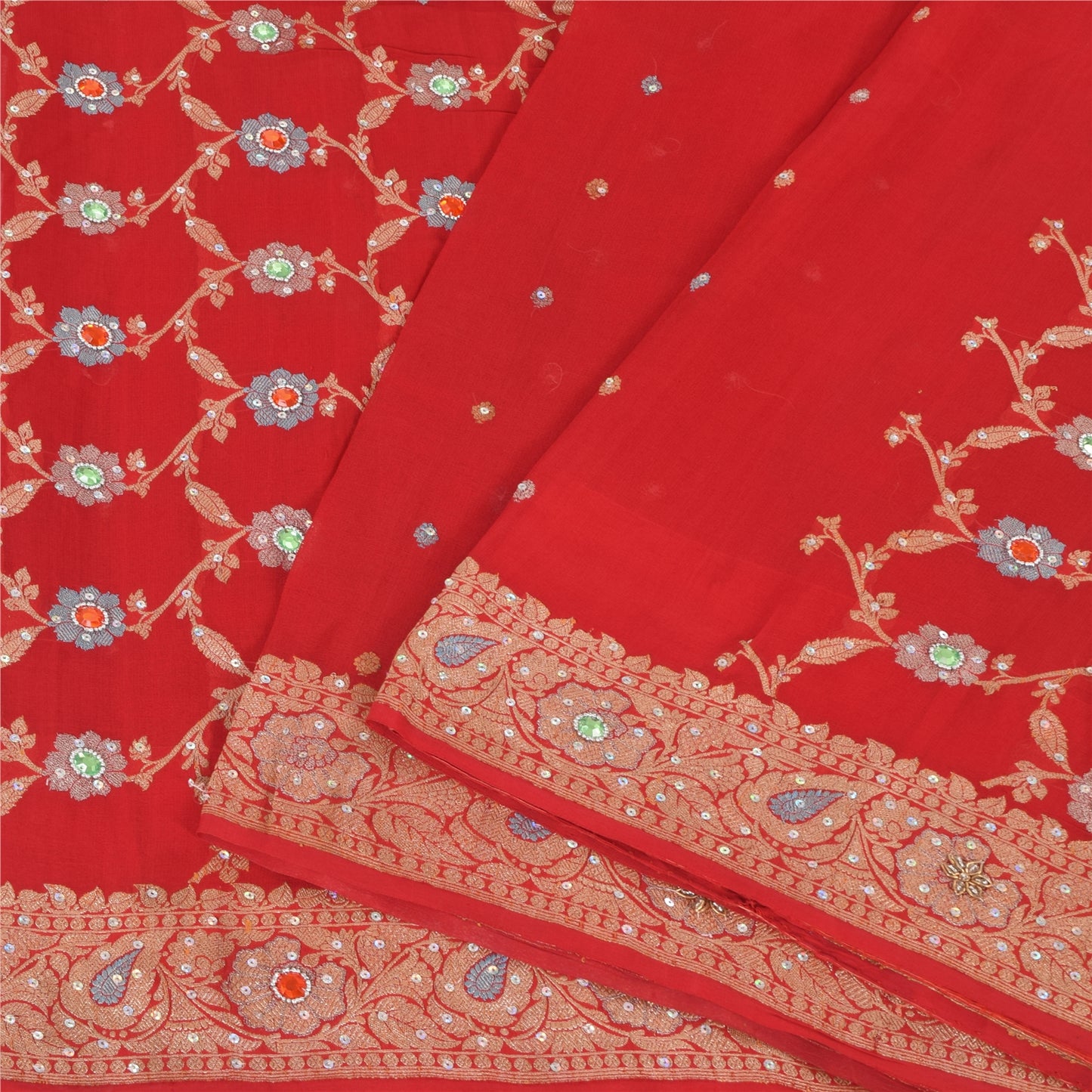 Sanskriti Vintage Red Sarees Pure Georgette Hand Beaded Premium Sari 5yd Fabric