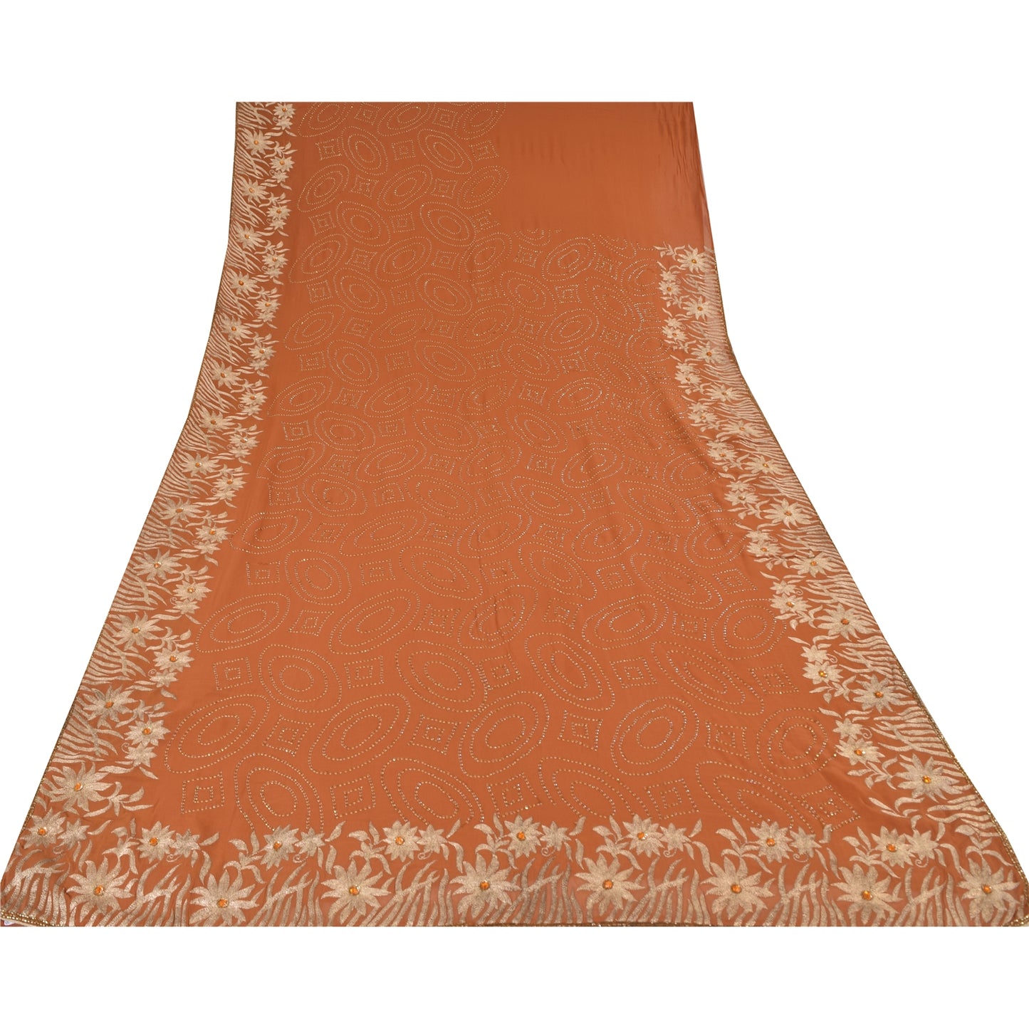 Sanskriti Vintage Rust Sarees Pure Georgette Hand Beaded Premium Sari 5yd Fabric