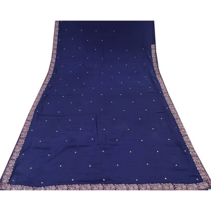 Sanskriti Vintage Blue Sarees Pure Crepe Silk Embroidered Sari 5yd Craft Fabric