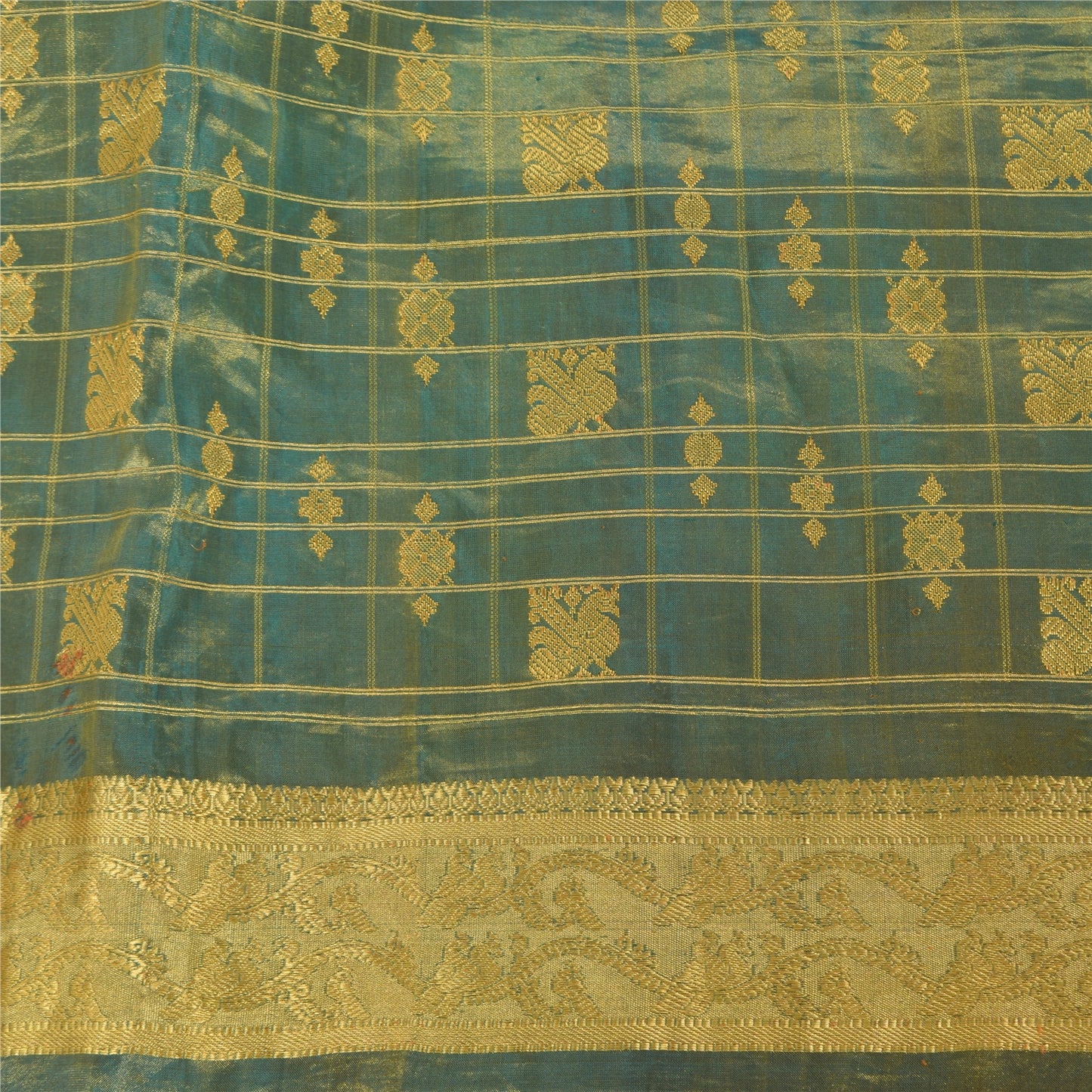 Sanskriti Vintage Green Sarees Pure Silk Brocade Woven Premium Sari Craft Fabric