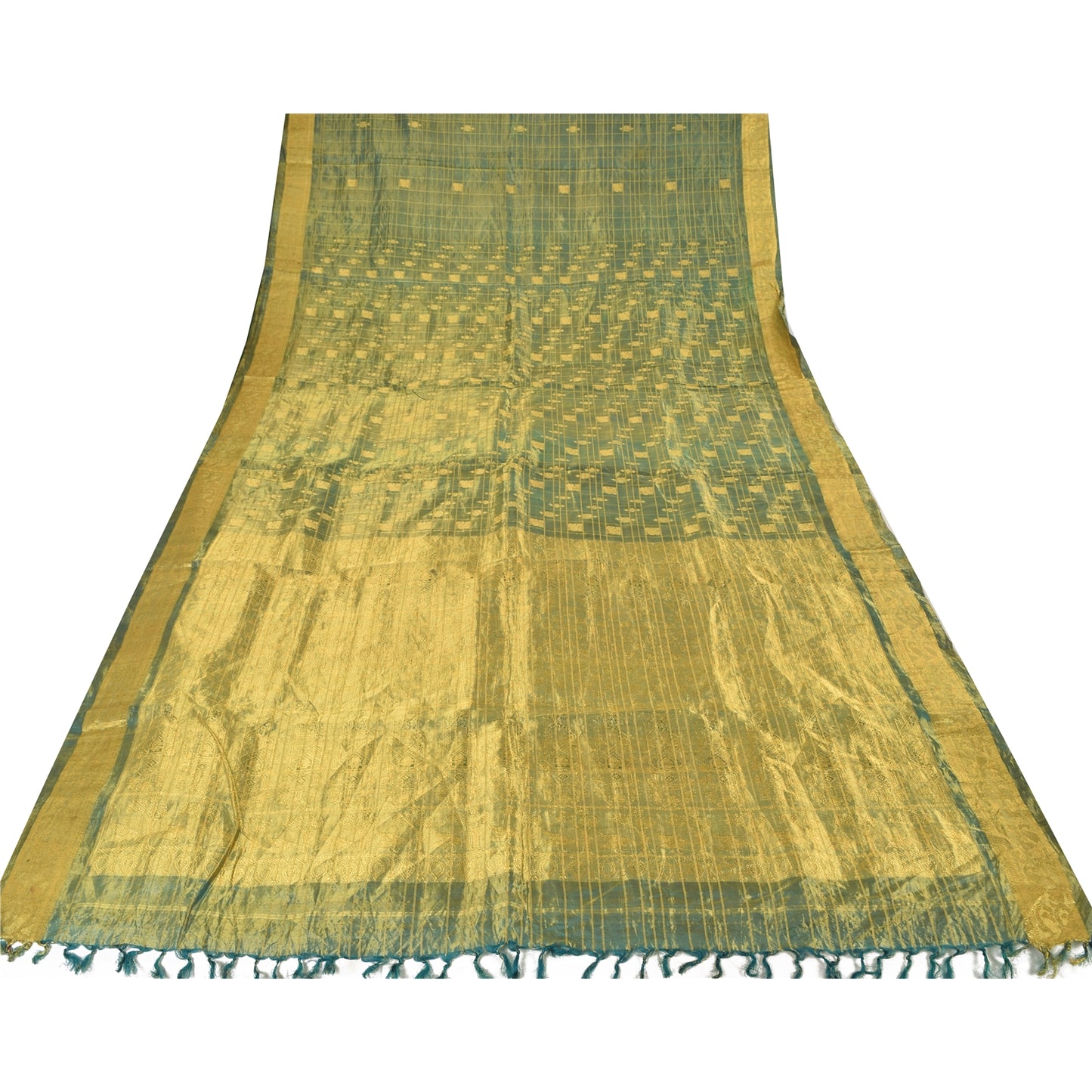 Sanskriti Vintage Green Sarees Pure Silk Brocade Woven Premium Sari Craft Fabric