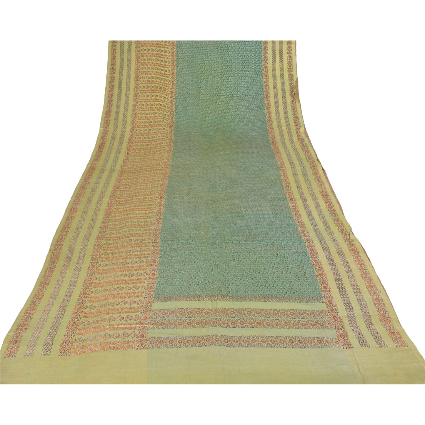 Sanskriti Vintage Green/Yellow Sarees Pure Silk Woven Premium Sari Craft Fabric