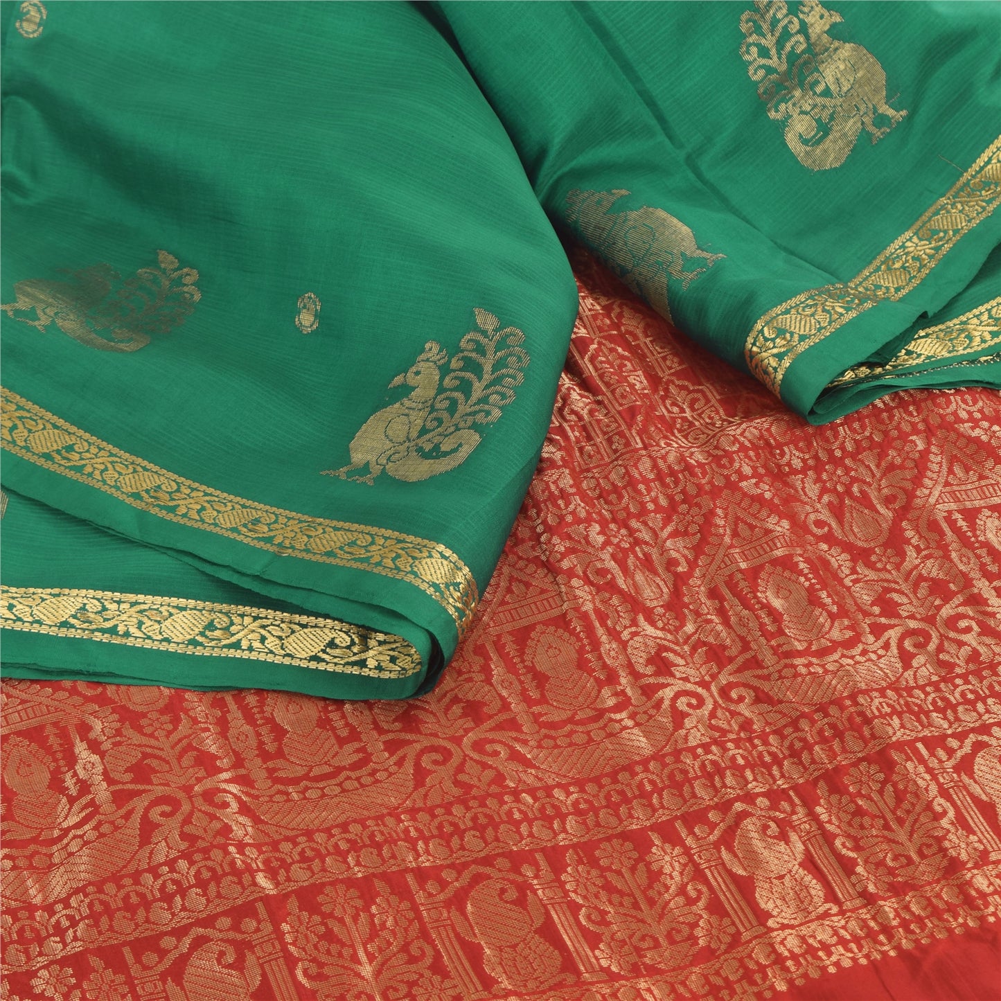 Sanskriti Vintage Red/Green Sarees Pure Silk Woven Premium Sari 5yd Craft Fabric