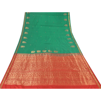 Sanskriti Vintage Red/Green Sarees Pure Silk Woven Premium Sari 5yd Craft Fabric