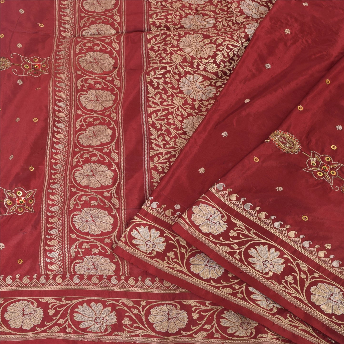 Sanskriti Vintage Red Sarees Pure Silk Hand Woven Premium Sari 5yd Craft Fabric