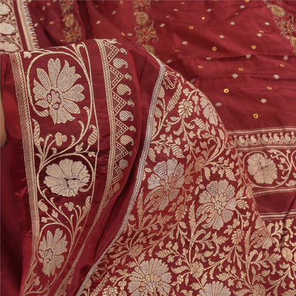 Sanskriti Vintage Red Sarees Pure Silk Hand Woven Premium Sari 5yd Craft Fabric