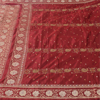 Sanskriti Vintage Red Sarees Pure Silk Hand Woven Premium Sari 5yd Craft Fabric