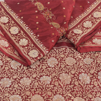 Sanskriti Vintage Red Sarees Pure Silk Hand Woven Premium Sari 5yd Craft Fabric