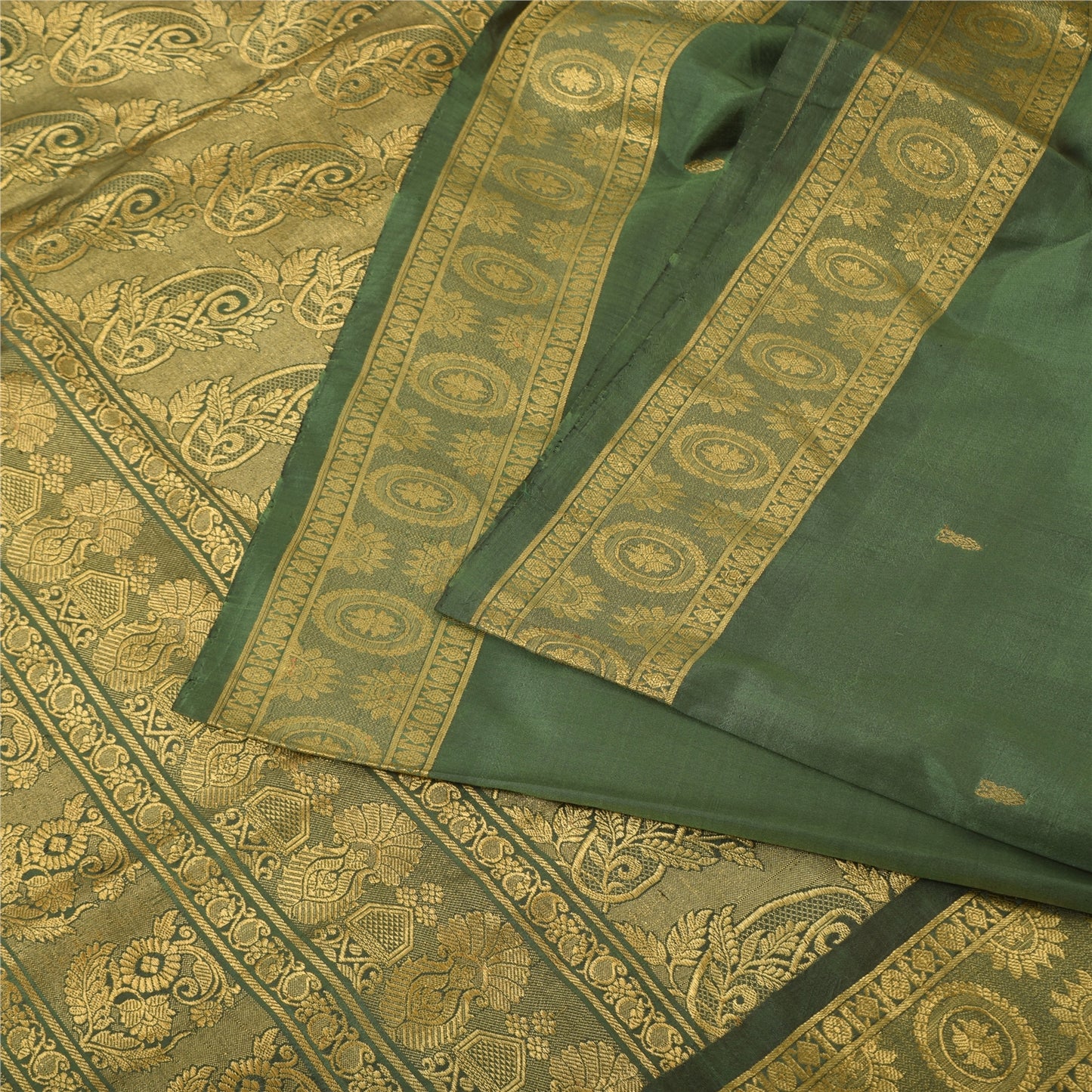 Sanskriti Vintage Green Sarees Pure Silk Brocade Woven Ethnic Sari Craft Fabric