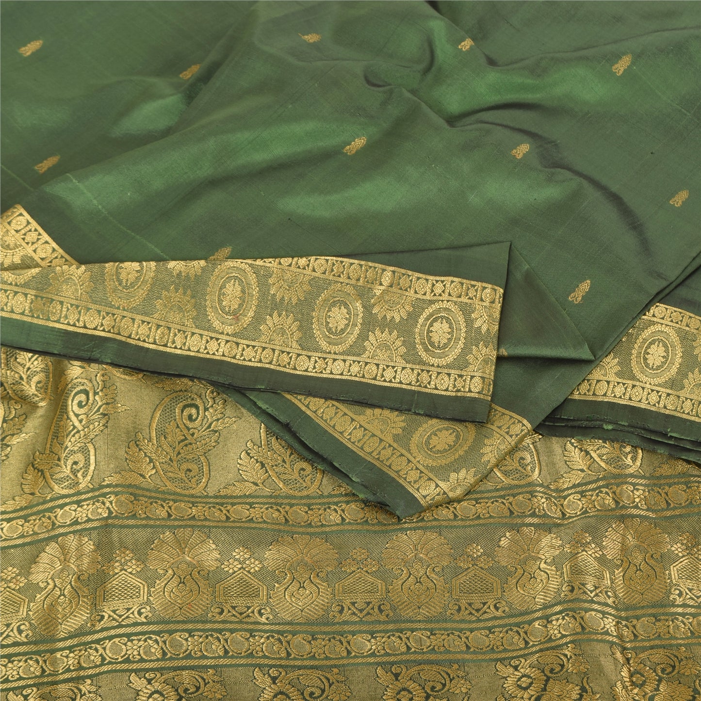 Sanskriti Vintage Green Sarees Pure Silk Brocade Woven Ethnic Sari Craft Fabric