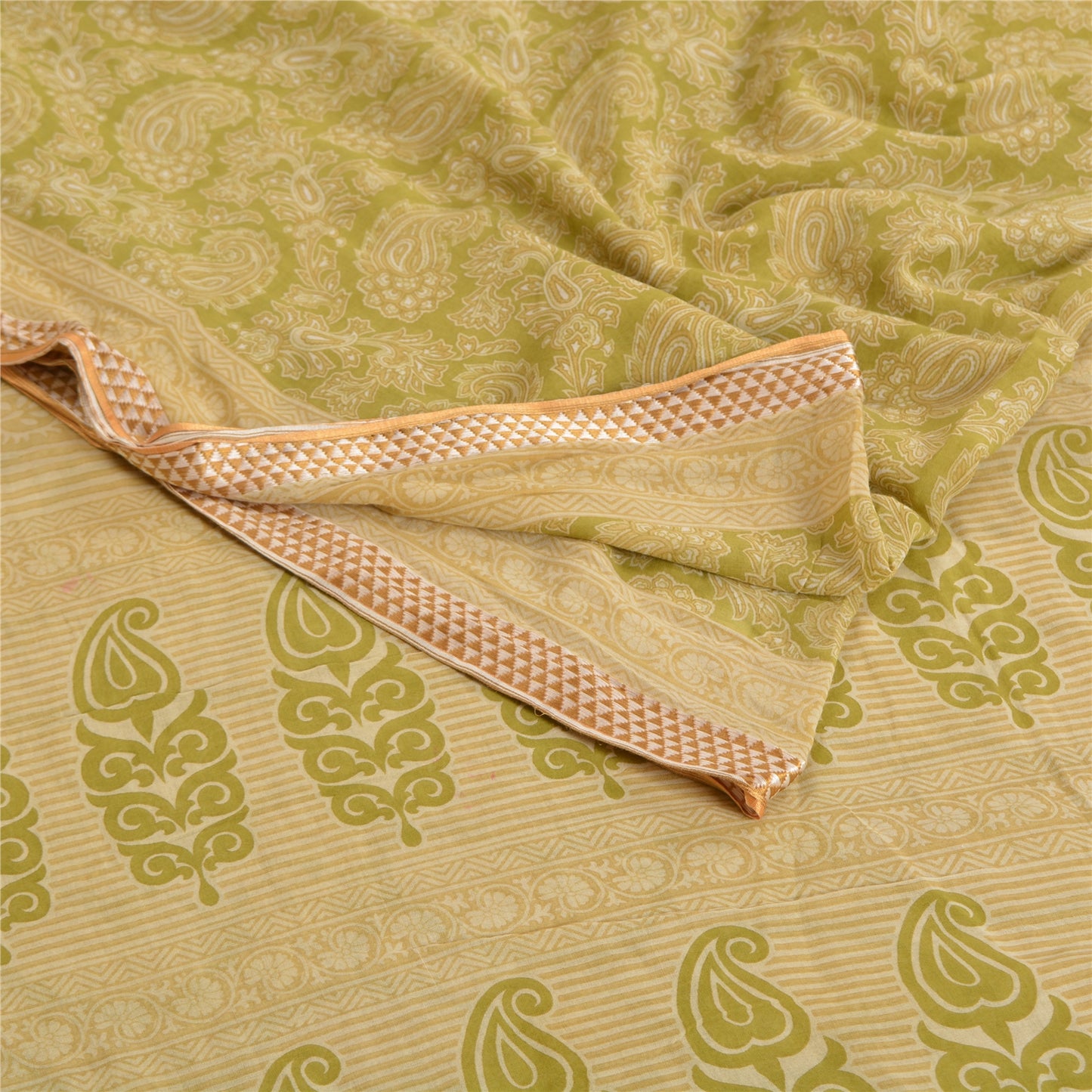 Sanskriti Vintage Sarees Green Block Printed Pure Cotton Sari Soft Craft Fabric