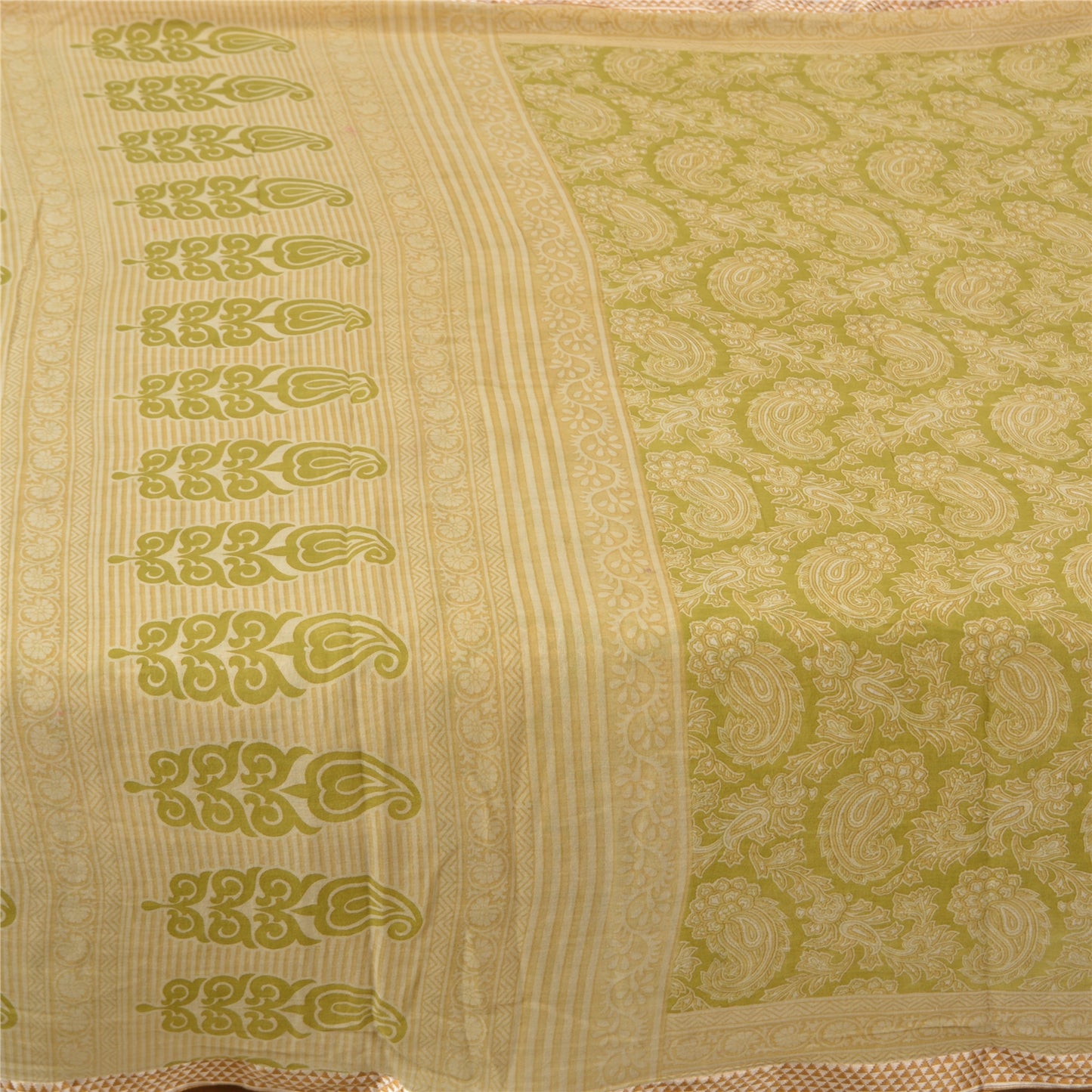 Sanskriti Vintage Sarees Green Block Printed Pure Cotton Sari Soft Craft Fabric