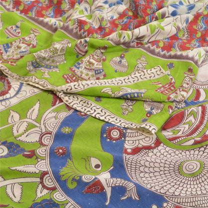 Sanskriti Vintage Sarees Handmade Peacock Kalamkari PureCotton Sari Craft Fabric