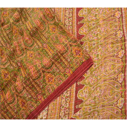 Sanskriti Vintage Sarees Green/Red Pure Cotton Printed Woven Sari Craft Fabric