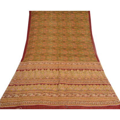 Sanskriti Vintage Sarees Green/Red Pure Cotton Printed Woven Sari Craft Fabric