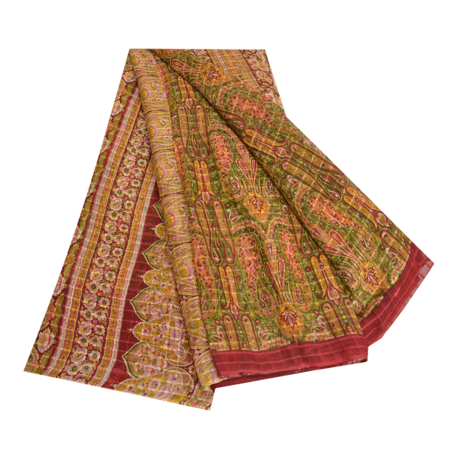 Sanskriti Vintage Sarees Green/Red Pure Cotton Printed Woven Sari Craft Fabric