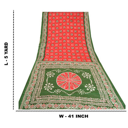 Sanskriti Vintage Sarees Red/Green Bandhani/Batik Print Pure Cotton Sari Fabric