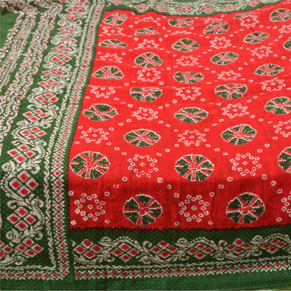 Sanskriti Vintage Sarees Red/Green Bandhani/Batik Print Pure Cotton Sari Fabric