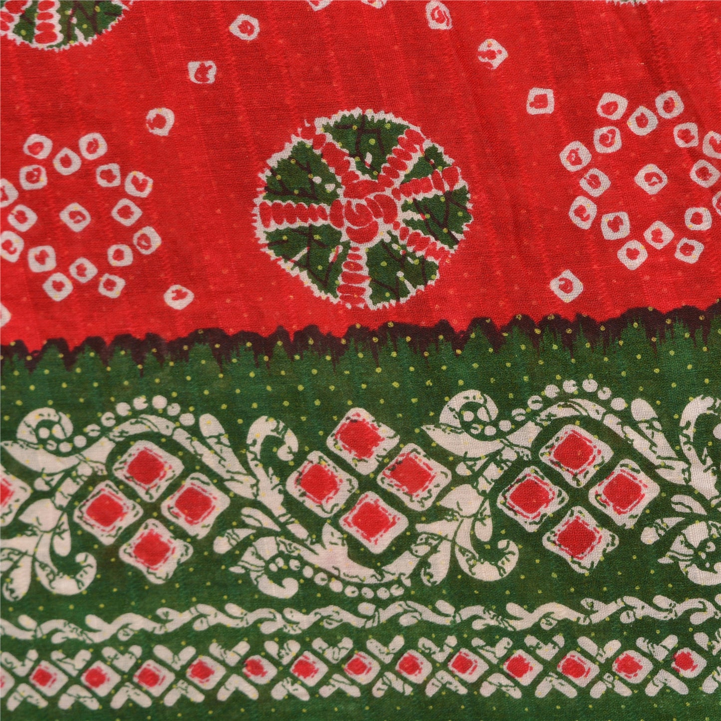 Sanskriti Vintage Sarees Red/Green Bandhani/Batik Print Pure Cotton Sari Fabric