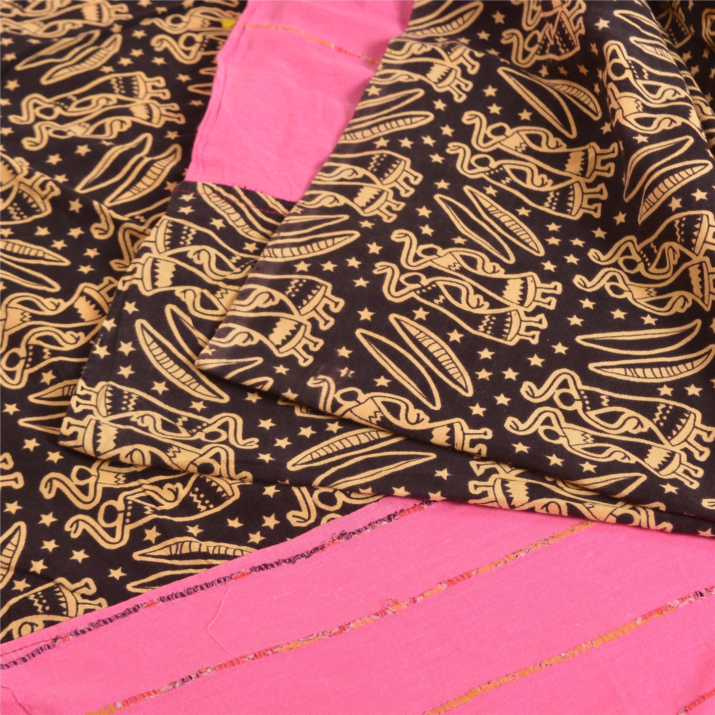 Sanskriti Vintage Sarees Pink/Black Human Printed Pure Cotton Sari Craft Fabric