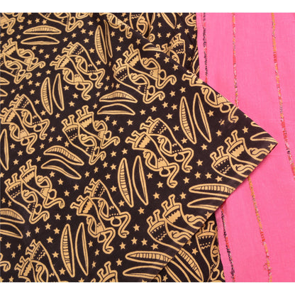 Sanskriti Vintage Sarees Pink/Black Human Printed Pure Cotton Sari Craft Fabric