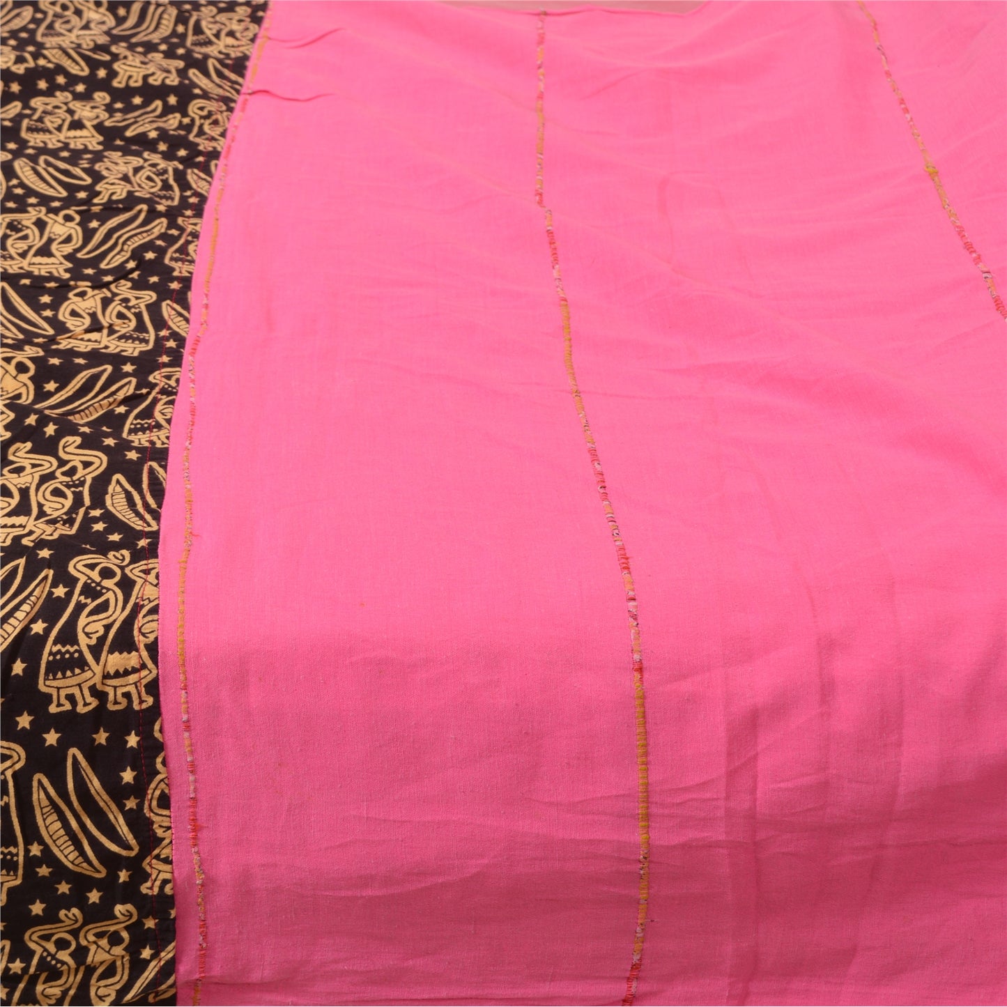 Sanskriti Vintage Sarees Pink/Black Human Printed Pure Cotton Sari Craft Fabric