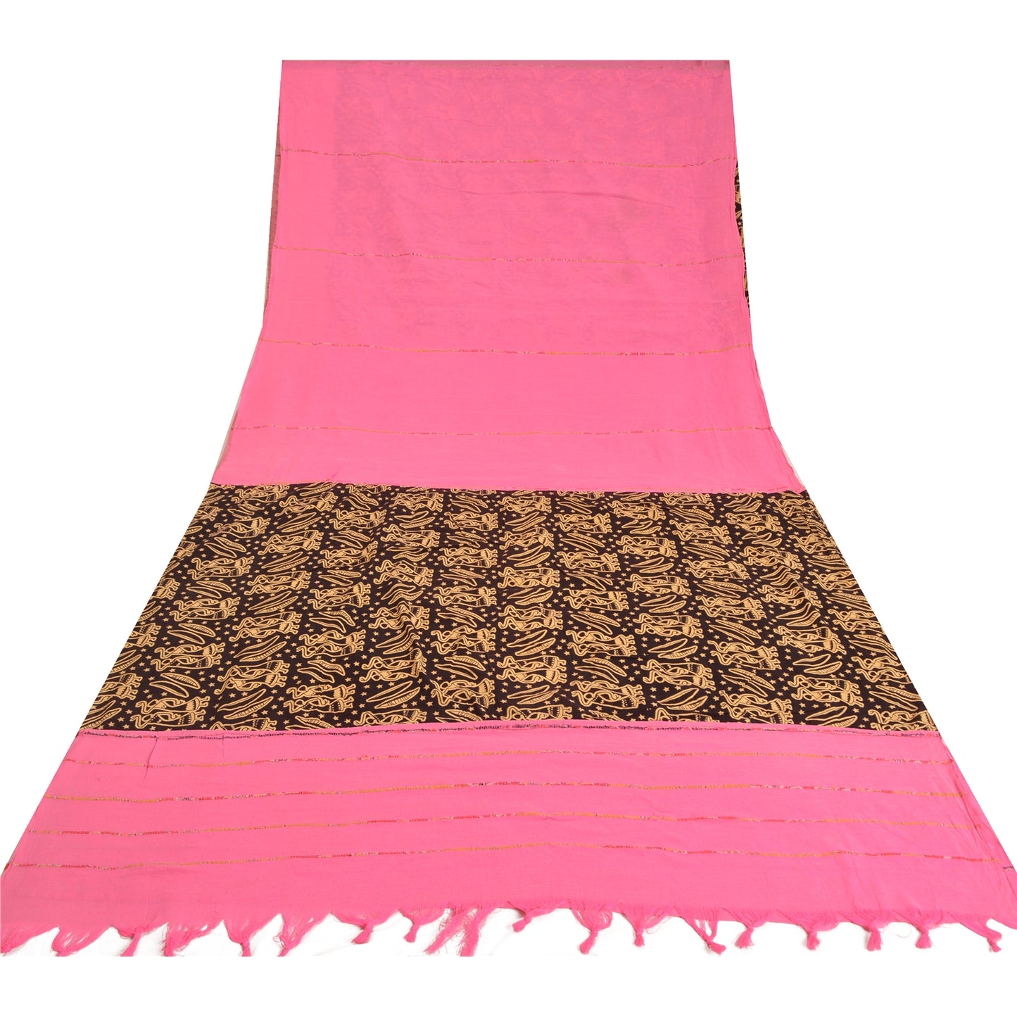 Sanskriti Vintage Sarees Pink/Black Human Printed Pure Cotton Sari Craft Fabric