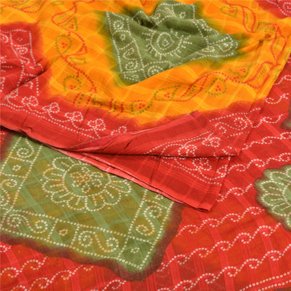 Sanskriti Vintage Sarees Yellow/Red Bandhani Print Pure Cotton Sari Craft Fabric