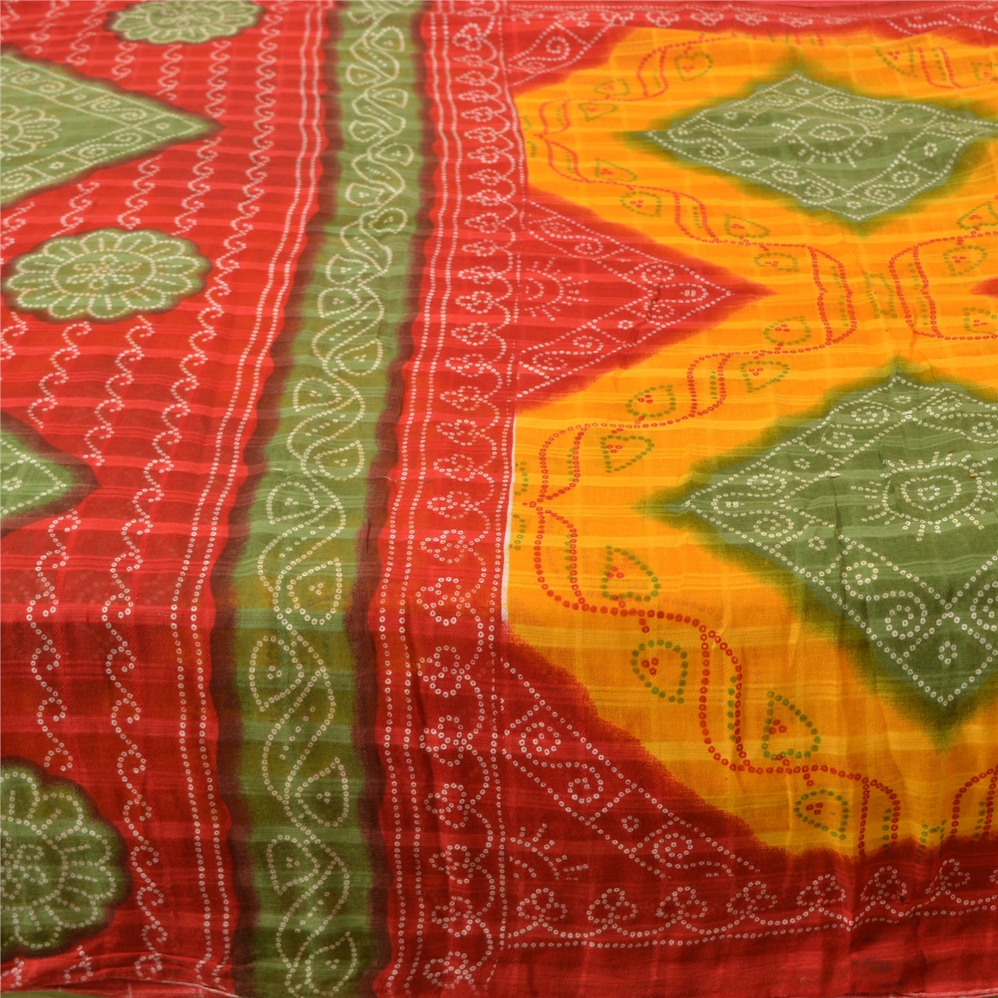 Sanskriti Vintage Sarees Yellow/Red Bandhani Print Pure Cotton Sari Craft Fabric