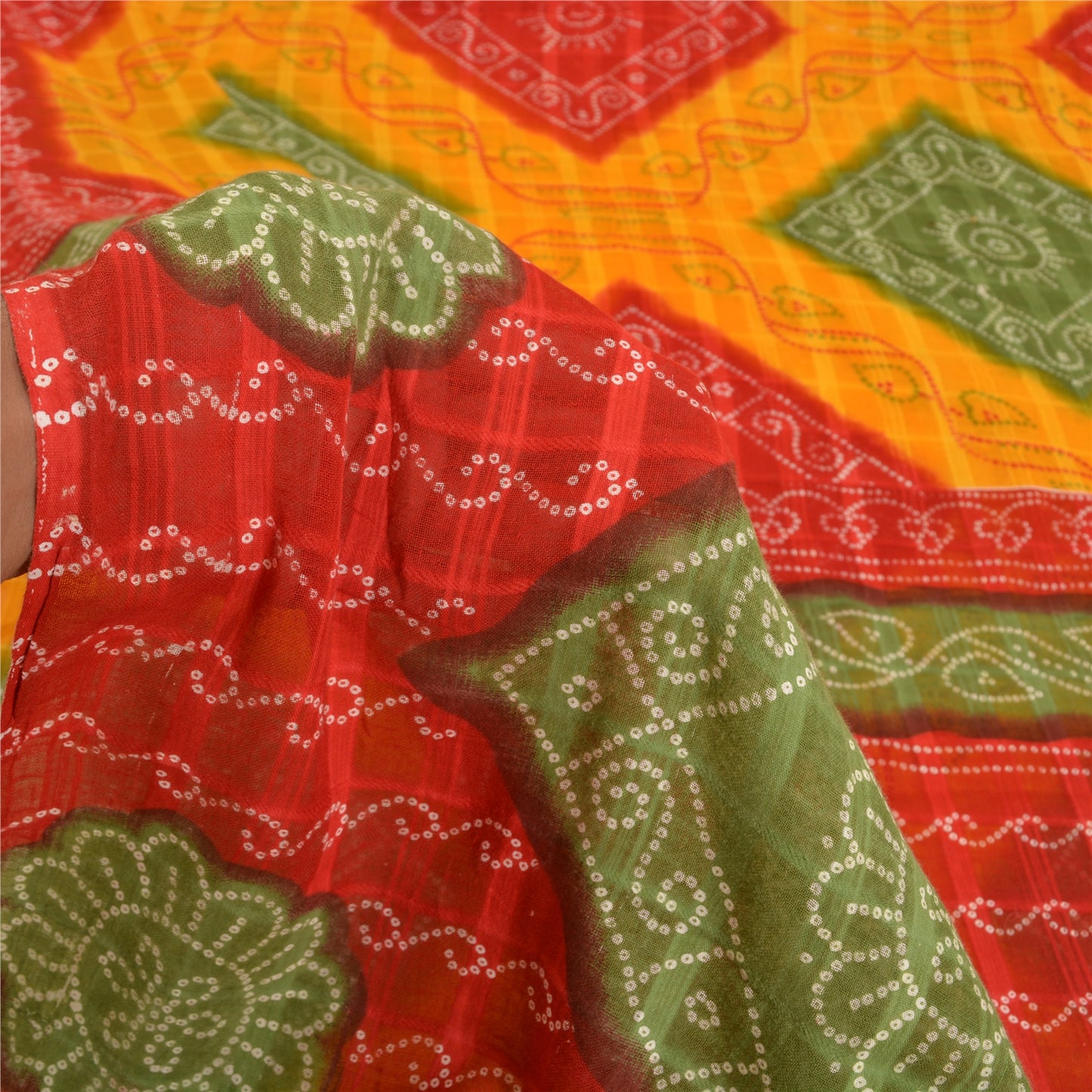 Sanskriti Vintage Sarees Yellow/Red Bandhani Print Pure Cotton Sari Craft Fabric