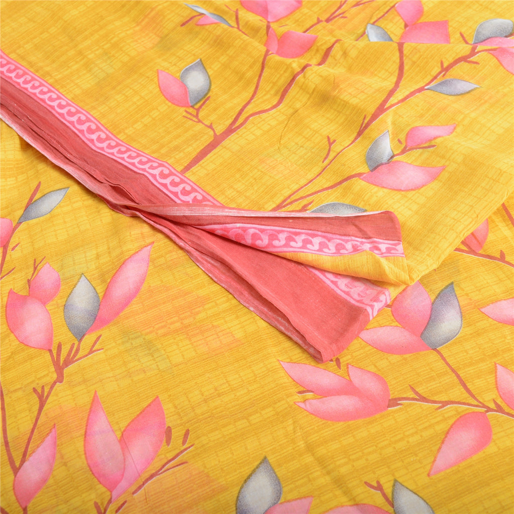 Sanskriti Vintage Sarees Indian Yellow Pure Cotton Printed Sari 5yd Craft Fabric