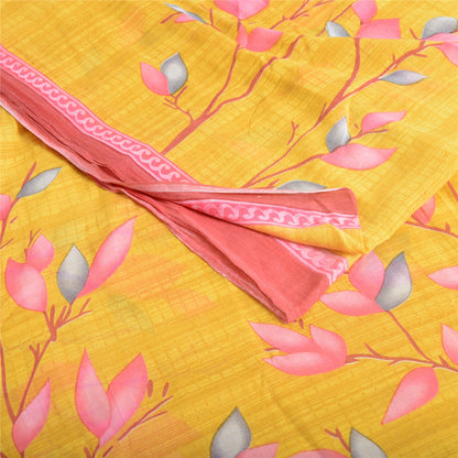 Sanskriti Vintage Sarees Indian Yellow Pure Cotton Printed Sari 5yd Craft Fabric