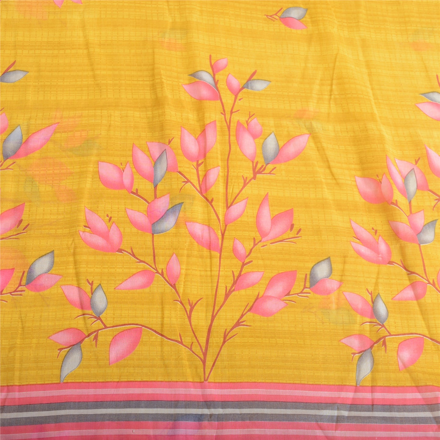 Sanskriti Vintage Sarees Indian Yellow Pure Cotton Printed Sari 5yd Craft Fabric