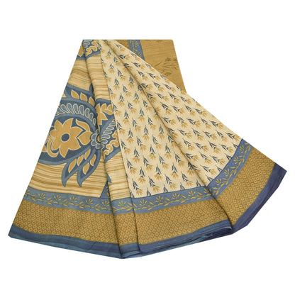 Sanskriti Vintage Sarees From India Cream Pure Cotton Printed Sari Craft Fabric