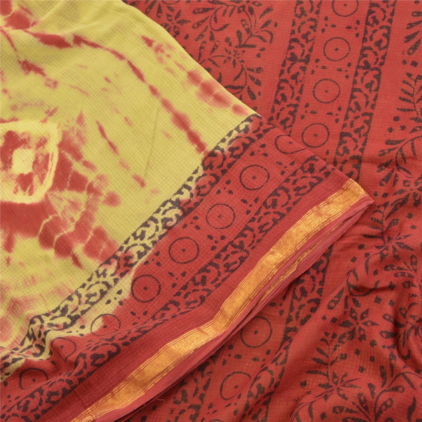 Sanskriti Vintage Sarees Green/Red Bandhani Kota Woven Pure Cotton Sari Fabric