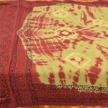 Sanskriti Vintage Sarees Green/Red Bandhani Kota Woven Pure Cotton Sari Fabric